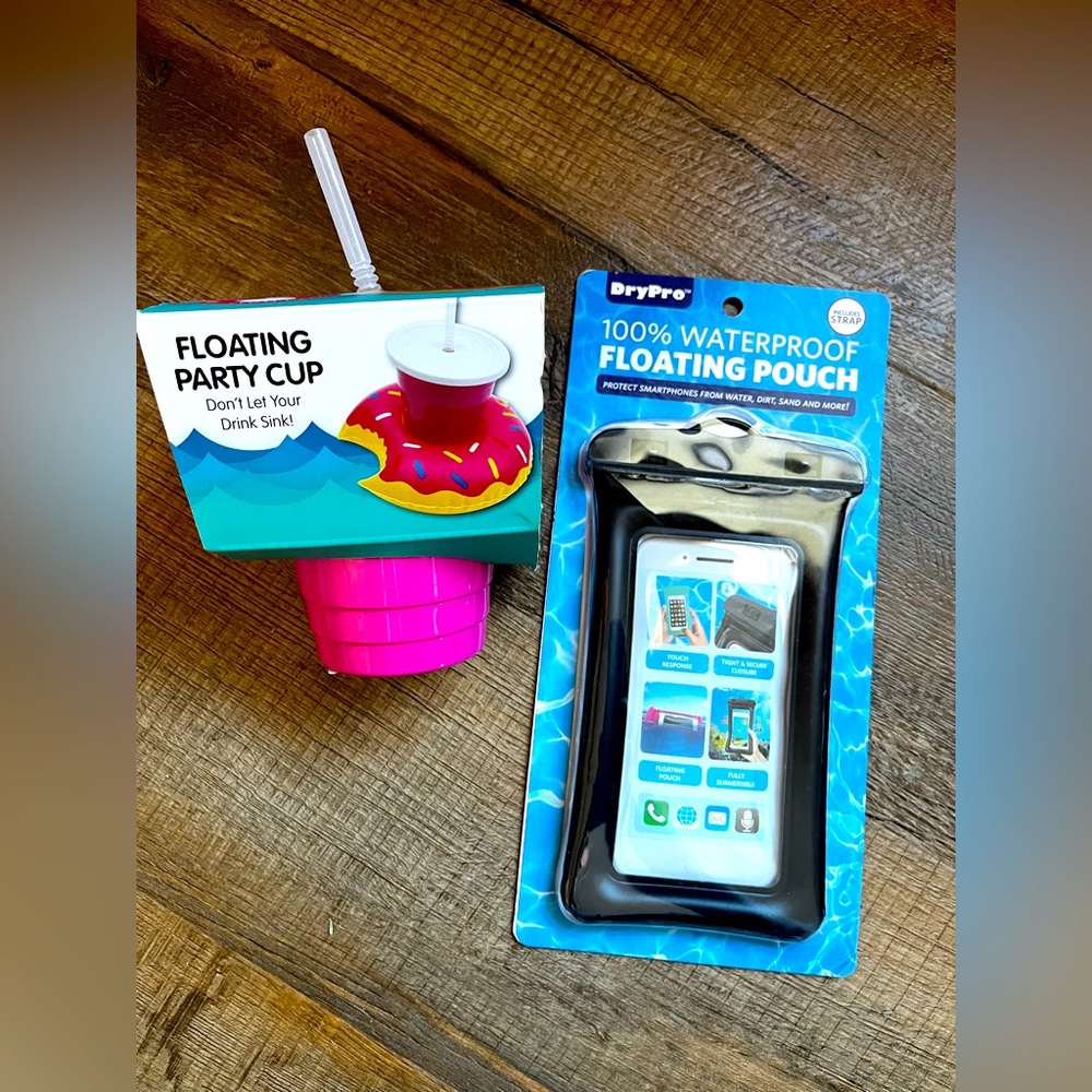Floating Party cup and floating cellphone pouch. New with tags.